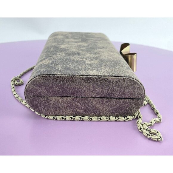 Vintage 80s hard shell clutch, gold tone purse, cross body, formal accessory - Picture 6 of 10